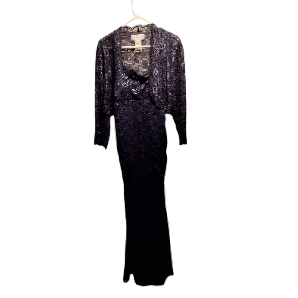 Jeanne Alexander Navy Blue Flower Sequins and Lace Maxi Dress 14